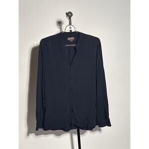 Zara man flowy viscose open collar button down navy blue medium slim fit